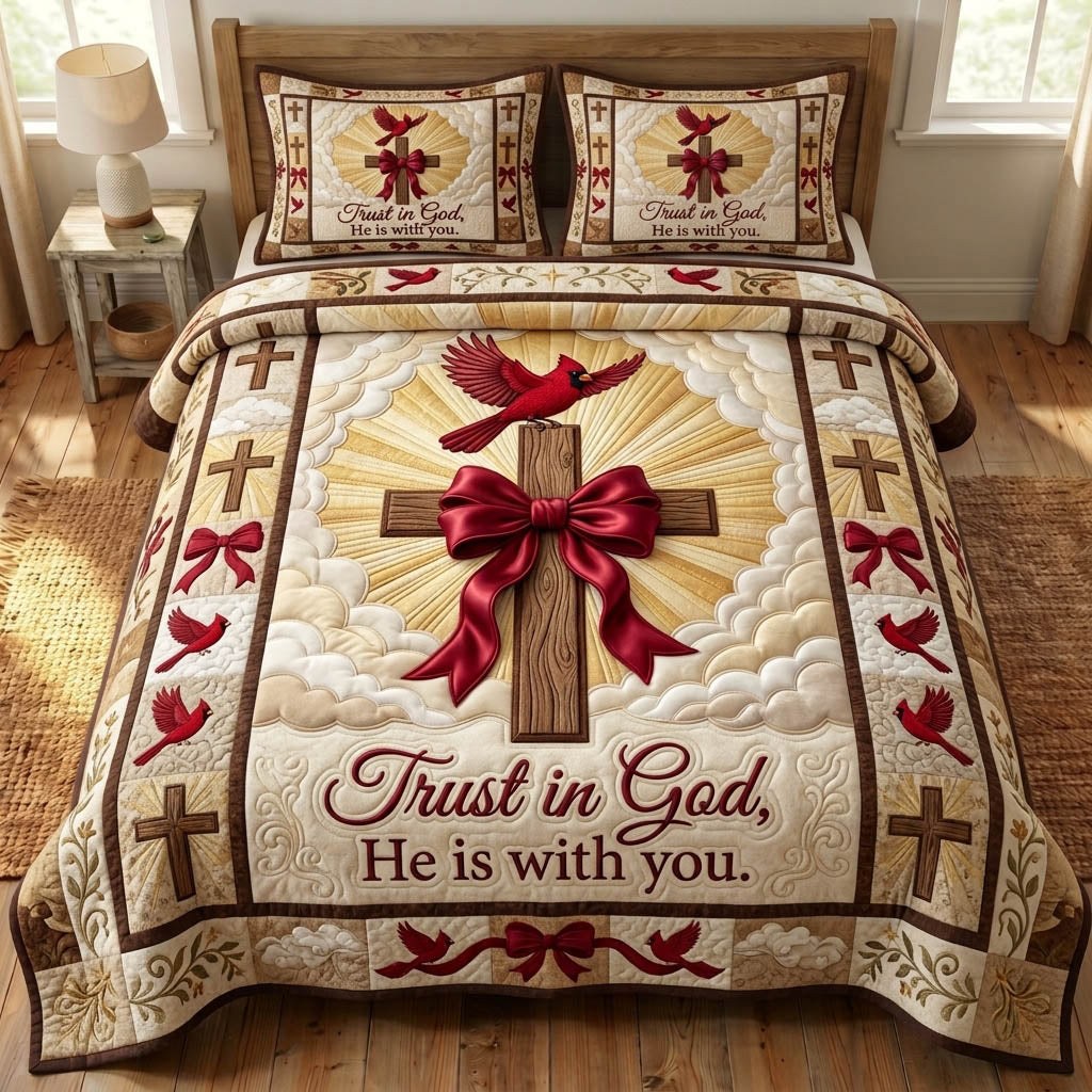 Cardinal Christian 3-Piece Quilted Bedding Set - Design 2 — quilt and two matching pillow shams
