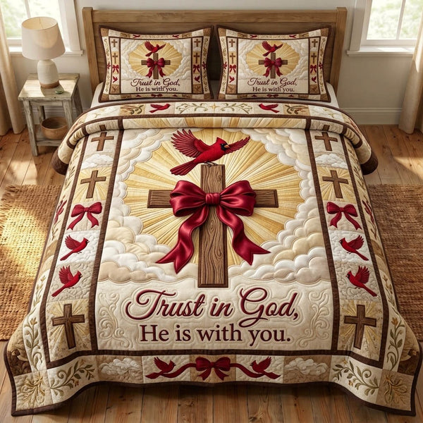Cardinal Christian quilted 3-piece bedding set on a made bed in a softly lit bedroom