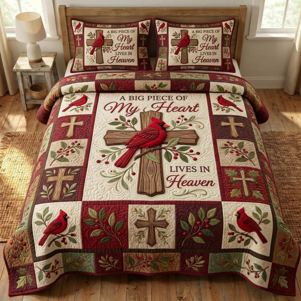 Cardinal Christian quilted 3-piece bedding set on a made bed in a softly lit bedroom