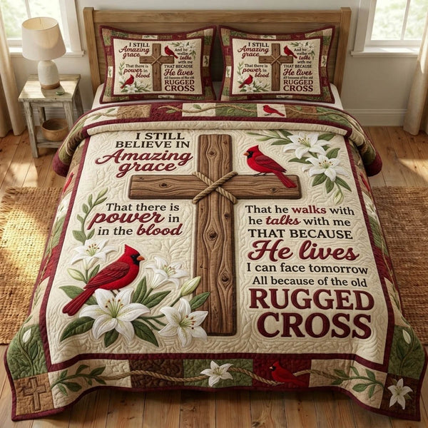 Cardinal Christian quilted 3-piece bedding set on a made bed in a softly lit bedroom