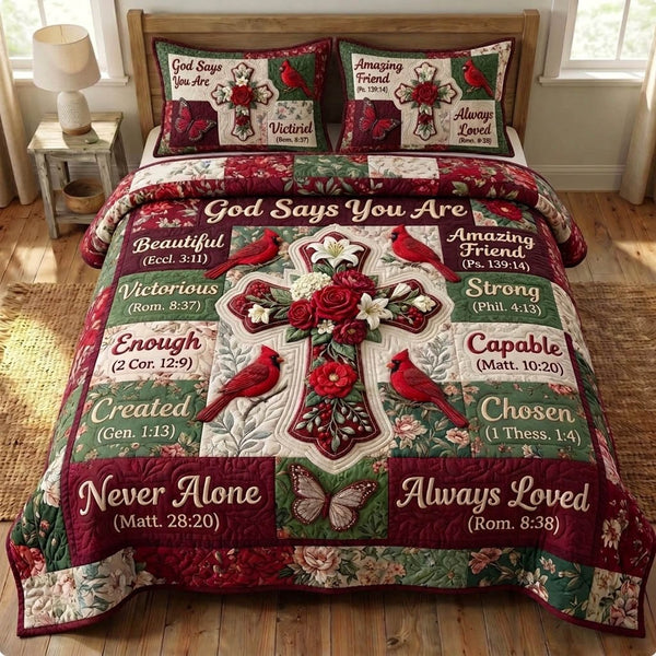 Cardinal Christian quilted 3-piece bedding set on a made bed in a softly lit bedroom