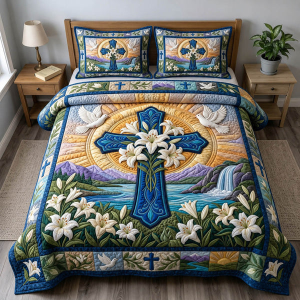 Christian Faith quilted 3-piece bedding set on a made bed in a softly lit bedroom