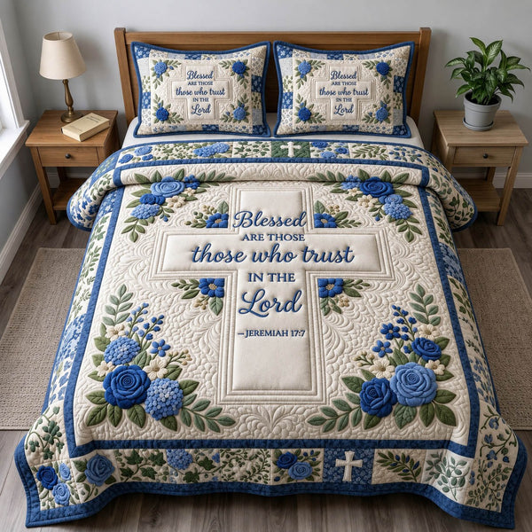 Christian Faith quilted 3-piece bedding set on a made bed in a softly lit bedroom