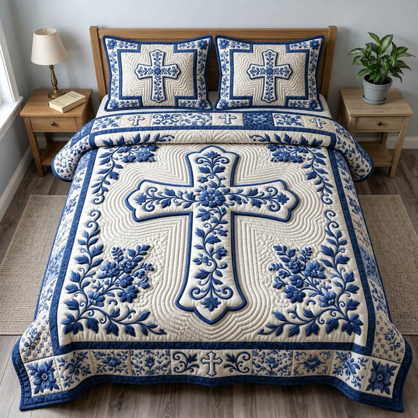 Christian Faith quilted 3-piece bedding set on a made bed in a softly lit bedroom