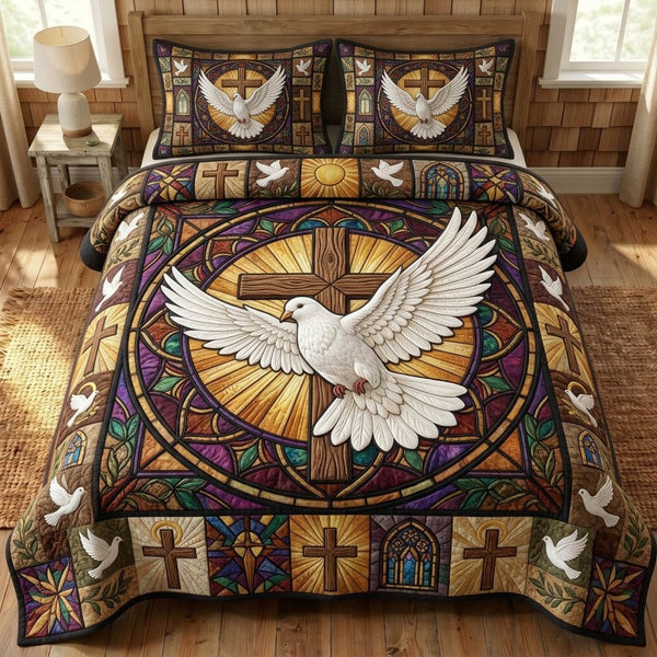 Christian Faith quilted 3-piece bedding set on a made bed in a softly lit bedroom