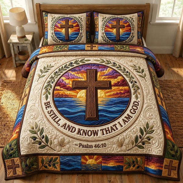 Christian Faith quilted 3-piece bedding set on a made bed in a softly lit bedroom
