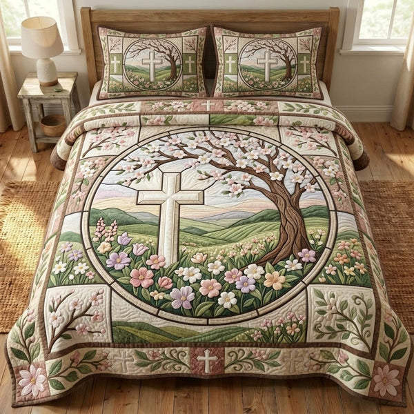 Christian Faith quilted 3-piece bedding set on a made bed in a softly lit bedroom