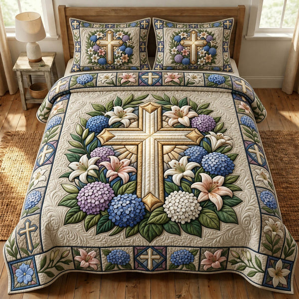 Christian Faith quilted 3-piece bedding set on a made bed in a softly lit bedroom