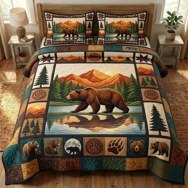 Bear Spirit quilted 3-piece bedding set on a made bed with two matching pillow shams