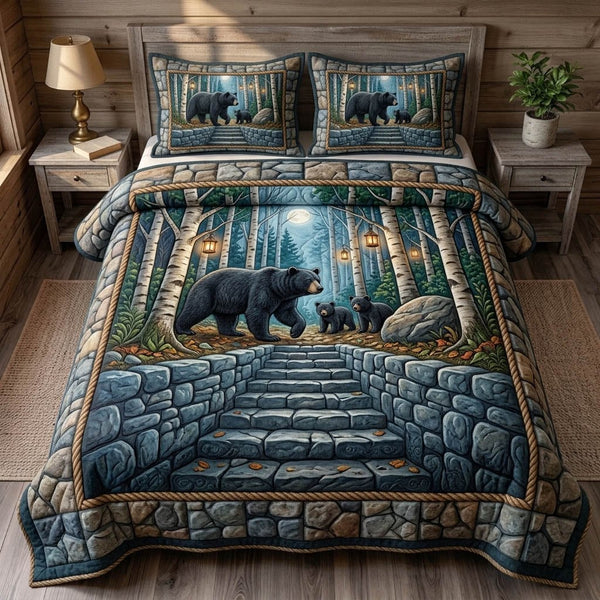 Bear Spirit quilted 3-piece bedding set on a made bed with two matching pillow shams