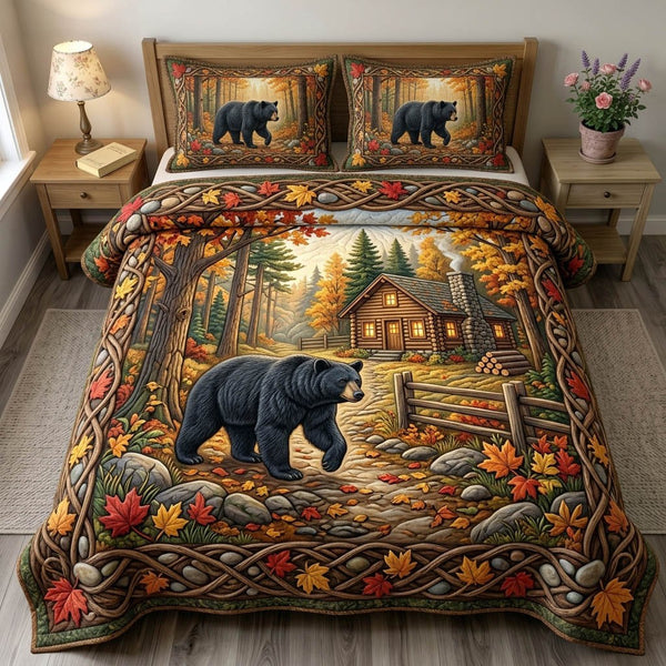Bear Spirit quilted 3-piece bedding set on a made bed with two matching pillow shams