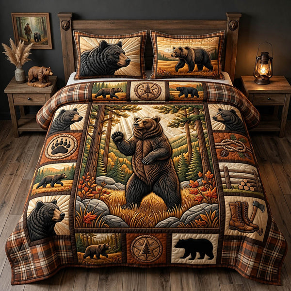 Bear Spirit quilted 3-piece bedding set on a made bed with two matching pillow shams