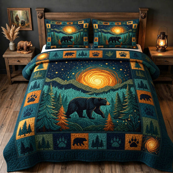 Bear Spirit quilted 3-piece bedding set on a made bed with two matching pillow shams