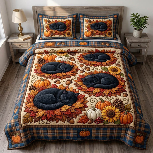 Black Cat quilted 3-piece bedding set on a made bed with two matching pillow shams