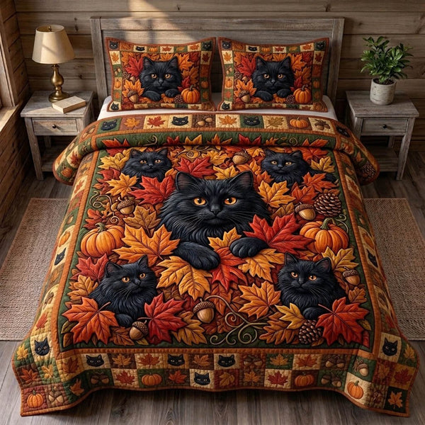 Black Cat quilted 3-piece bedding set on a made bed with two matching pillow shams