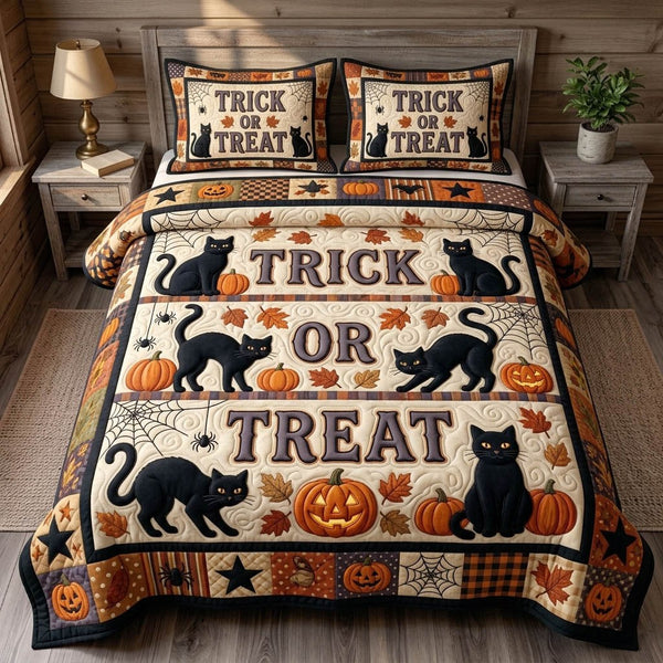 Black Cat quilted 3-piece bedding set on a made bed with two matching pillow shams