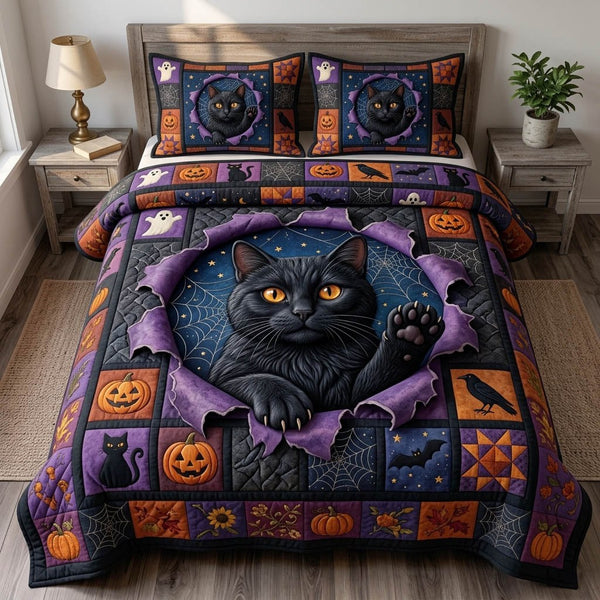 Black Cat quilted 3-piece bedding set on a made bed with two matching pillow shams