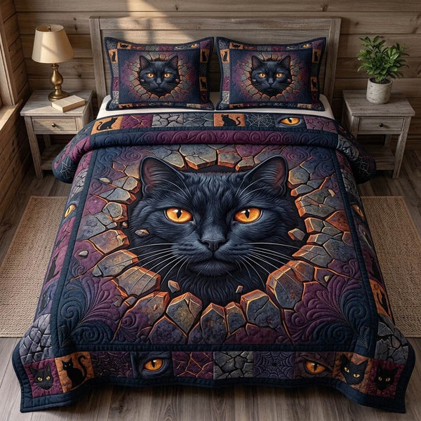 Black Cat quilted 3-piece bedding set on a made bed with two matching pillow shams