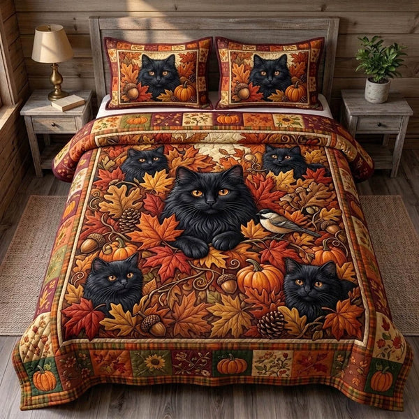 Black Cat quilted 3-piece bedding set on a made bed with two matching pillow shams