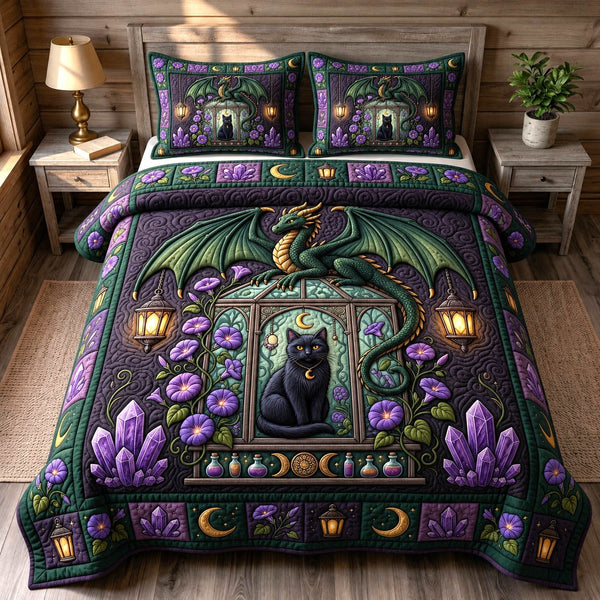 Black Cat quilted 3-piece bedding set on a made bed with two matching pillow shams