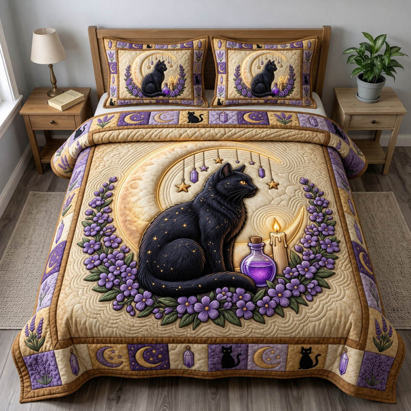 Black Cat quilted 3-piece bedding set on a made bed with two matching pillow shams