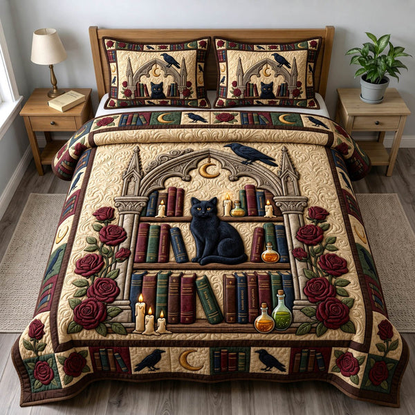 Black Cat quilted 3-piece bedding set on a made bed with two matching pillow shams
