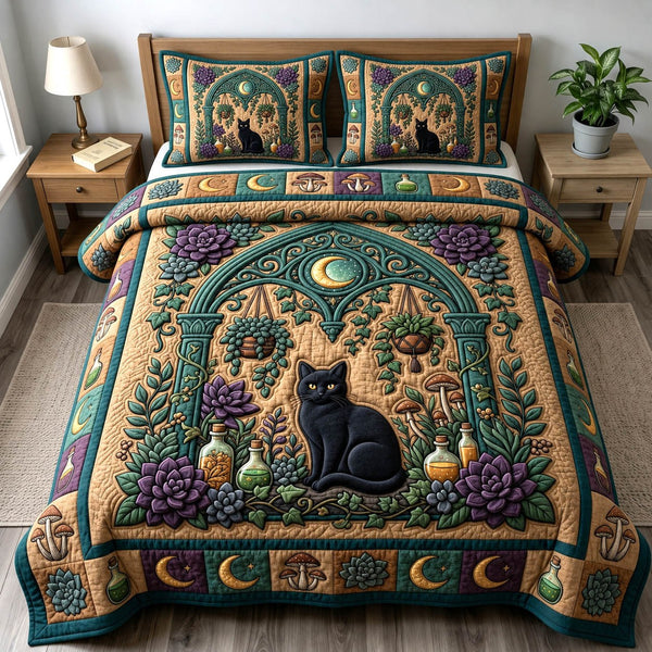 Black Cat quilted 3-piece bedding set on a made bed with two matching pillow shams