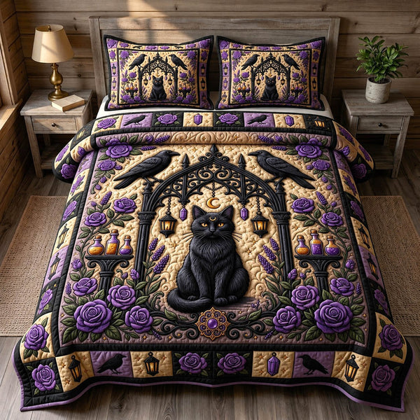 Black Cat quilted 3-piece bedding set on a made bed with two matching pillow shams