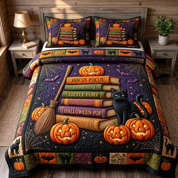 Black Cat quilted 3-piece bedding set on a made bed with two matching pillow shams
