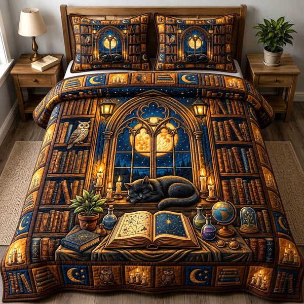 Black Cat quilted 3-piece bedding set on a made bed with two matching pillow shams