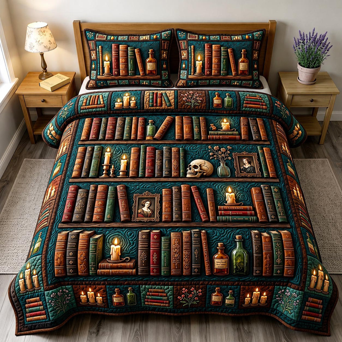 Dark Academia 3-Piece Quilted Bedding Set - Design 1 — quilt and two matching pillow shams