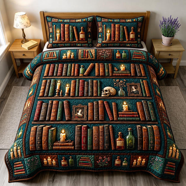 Dark Academia quilted 3-piece bedding set on a made bed with two matching pillow shams