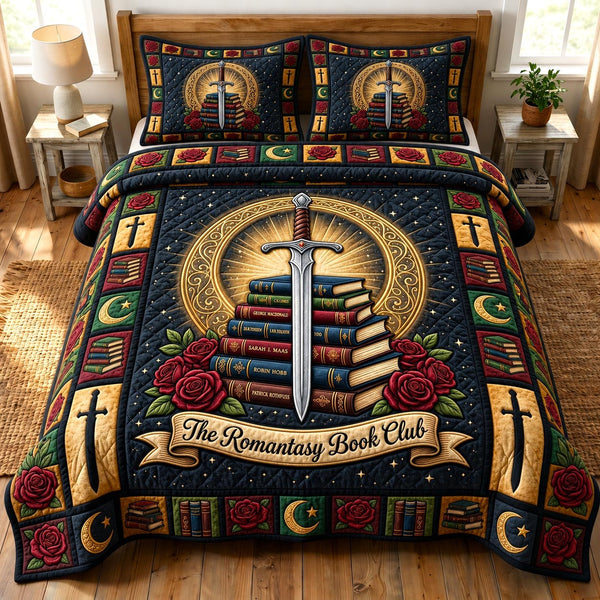 Dark Academia quilted 3-piece bedding set on a made bed with two matching pillow shams