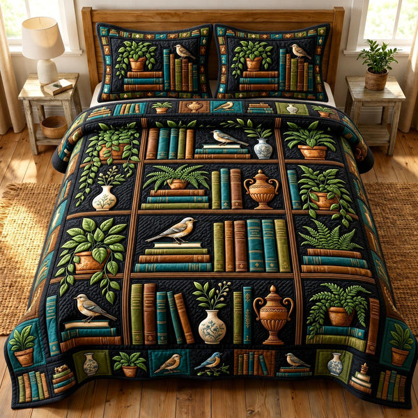Dark Academia quilted 3-piece bedding set on a made bed with two matching pillow shams