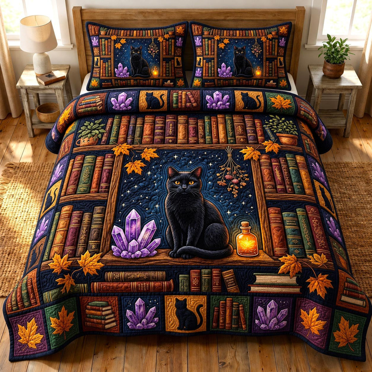 Dark Academia 3-Piece Quilted Bedding Set - Design 4 — quilt and two matching pillow shams