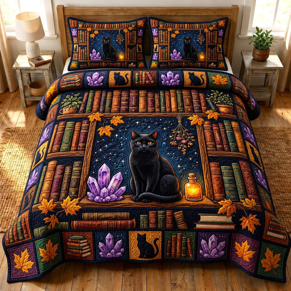 Dark Academia quilted 3-piece bedding set on a made bed with two matching pillow shams