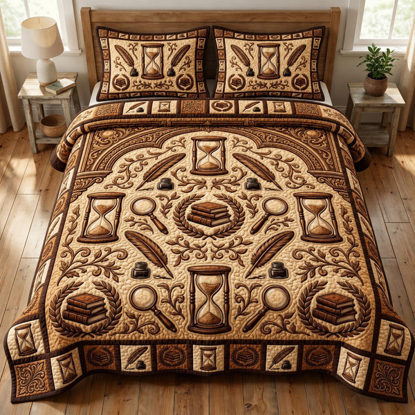 Dark Academia quilted 3-piece bedding set on a made bed with two matching pillow shams