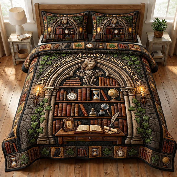 Dark Academia quilted 3-piece bedding set on a made bed with two matching pillow shams
