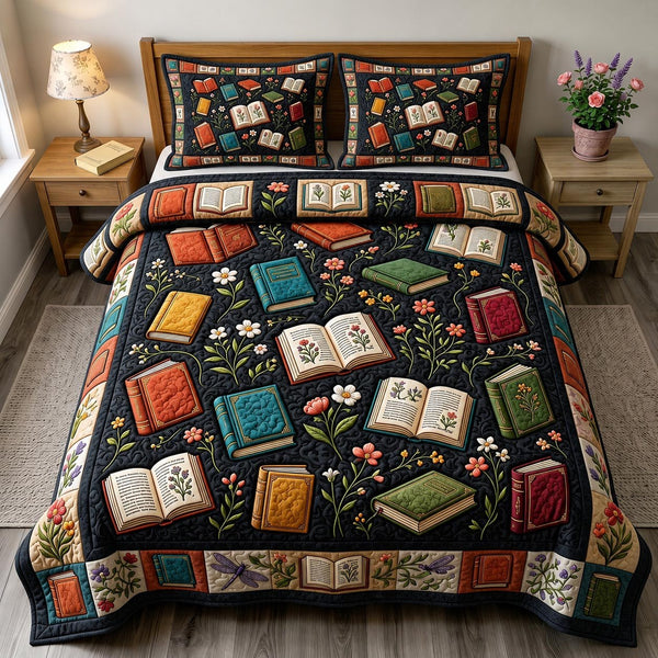 Dark Academia quilted 3-piece bedding set on a made bed with two matching pillow shams