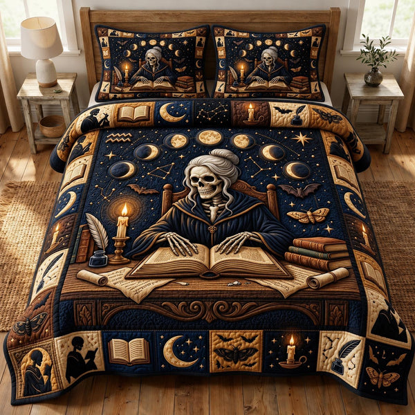 Dark Academia quilted 3-piece bedding set on a made bed with two matching pillow shams