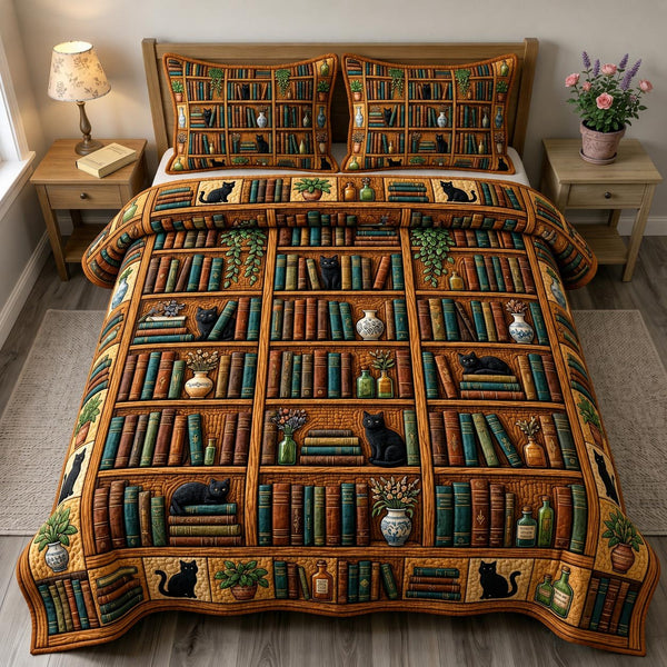 Dark Academia quilted 3-piece bedding set on a made bed with two matching pillow shams