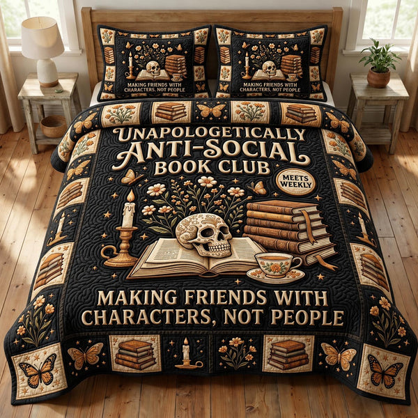 Dark Academia quilted 3-piece bedding set on a made bed with two matching pillow shams