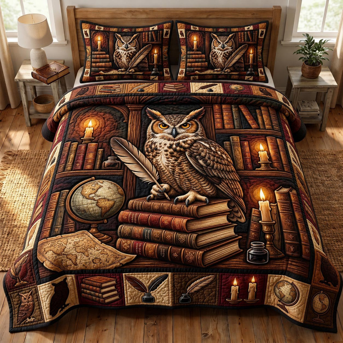 Dark Academia 3-Piece Quilted Bedding Set - Design 11 — quilt and two matching pillow shams