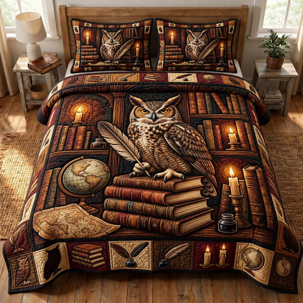 Dark Academia quilted 3-piece bedding set on a made bed with two matching pillow shams