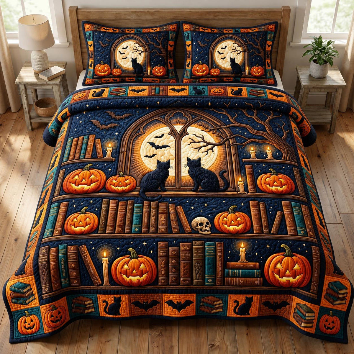 Dark Academia 3-Piece Quilted Bedding Set - Design 12 — quilt and two matching pillow shams