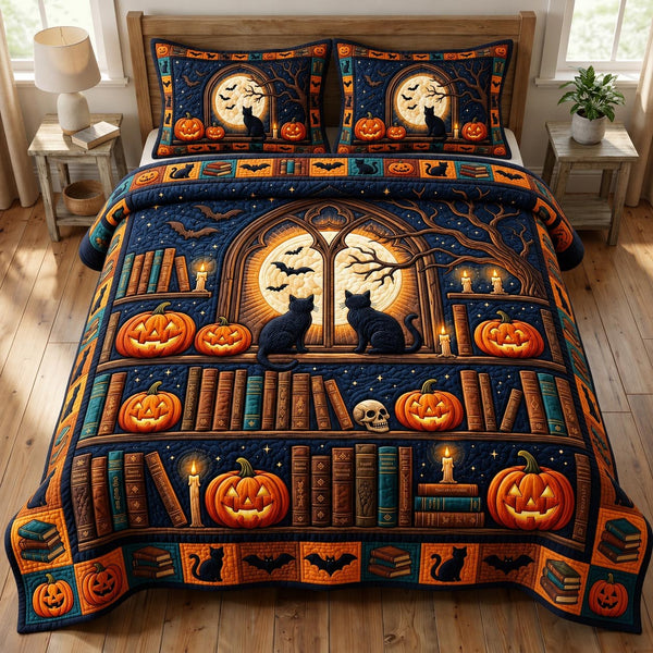 Dark Academia quilted 3-piece bedding set on a made bed with two matching pillow shams