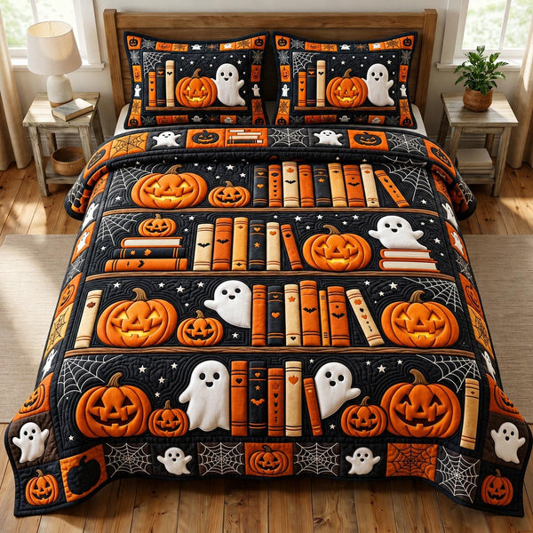 Dark Academia quilted 3-piece bedding set on a made bed with two matching pillow shams