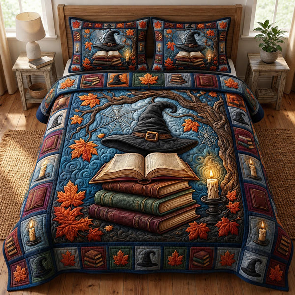 Dark Academia quilted 3-piece bedding set on a made bed with two matching pillow shams