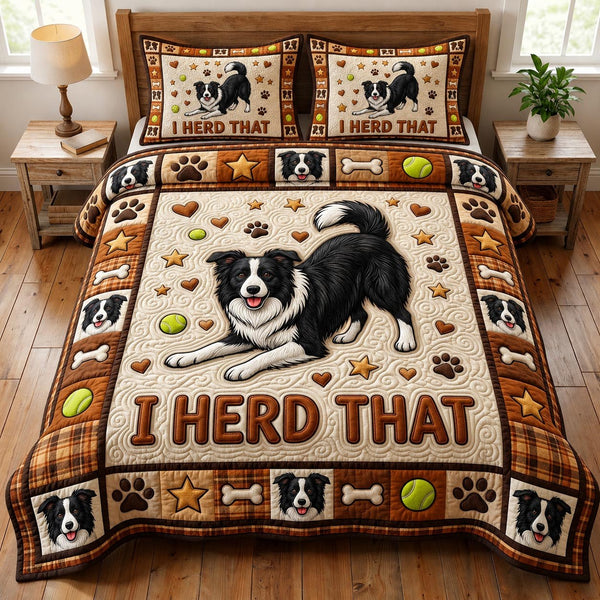 Border Collie quilted 3-piece bedding set on a made bed with two matching pillow shams
