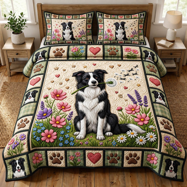 Border Collie 3-Piece Quilted Bedding Set - Design 2 — quilt and two matching pillow shams